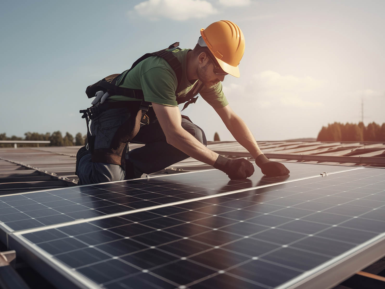 Technician attaches photovoltaic energy elements 